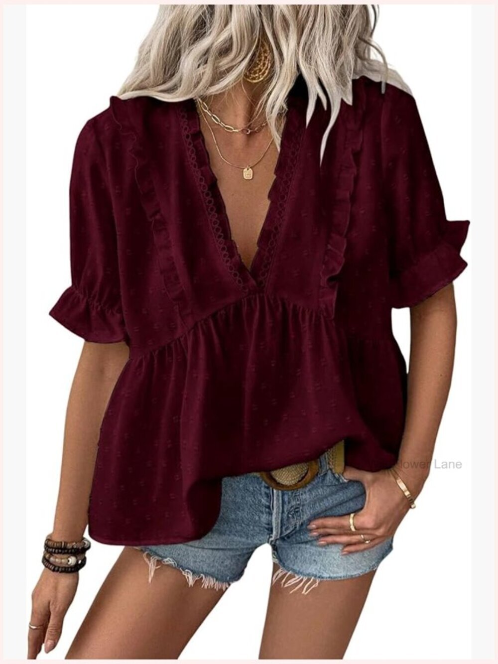 Swiss Dot Babydoll Blouse Deep V-Neck Puff Sleeve Tunic